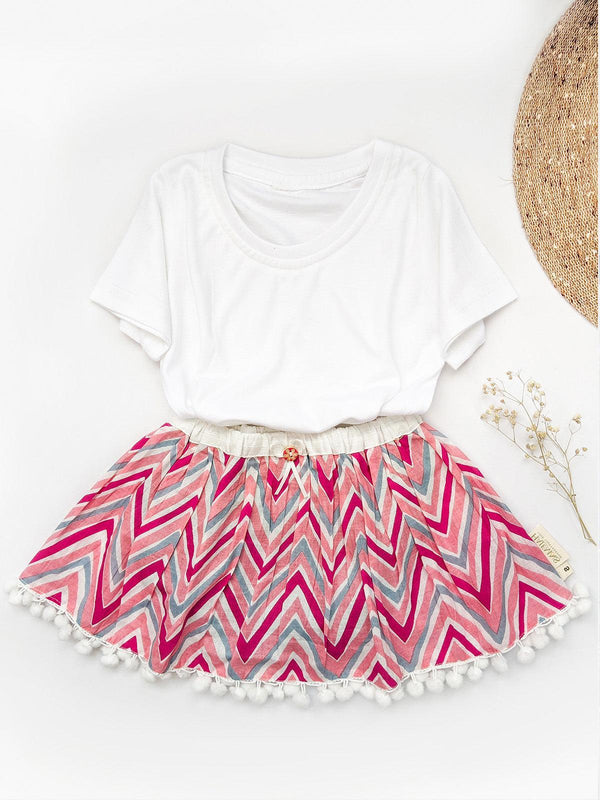 Fresh Colourful Zig Zag Cotton Printed Skirt With White Pompom Laceand Bloomer - VJV Now