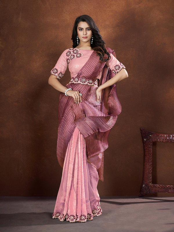 Glamorous Pink Crepe Satin Silk Saree with Sequins Embroidery party wear - VJV Now