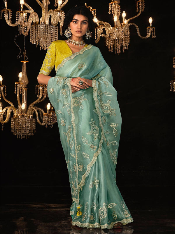 Graceful Sea Green Saree with Yellow Sequins Embroidered Blouse - VJV Now