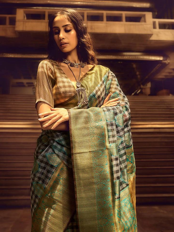 Green And Black Checks Design Handloom Silk Saree - VJV Now