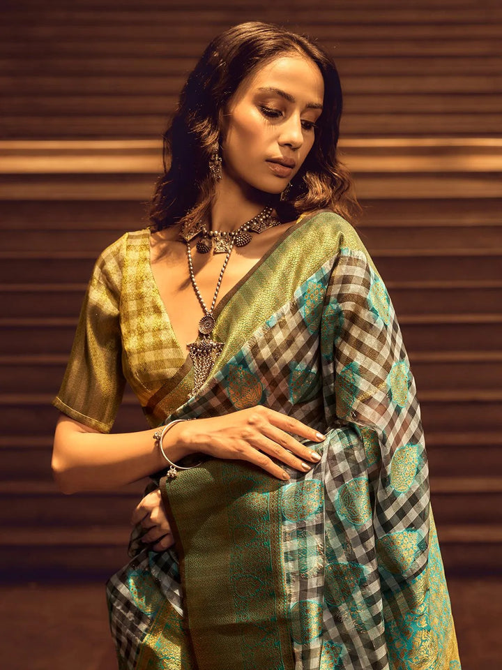 Green And Black Checks Design Handloom Silk Saree - VJV Now