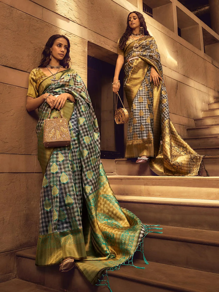 Green And Black Checks Design Handloom Silk Saree - VJV Now