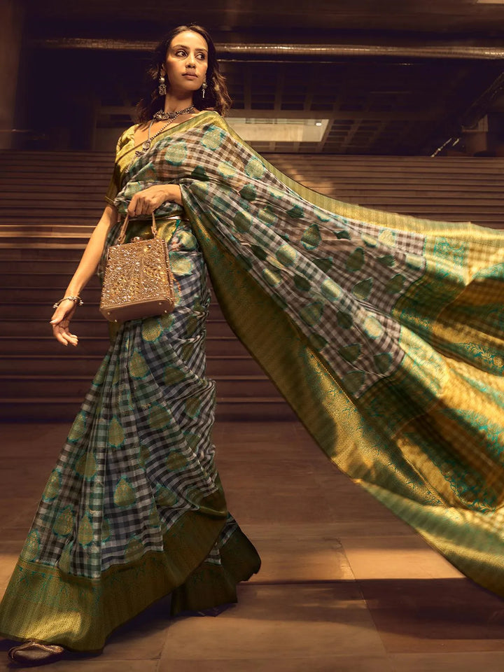 Green And Black Checks Design Handloom Silk Saree - VJV Now