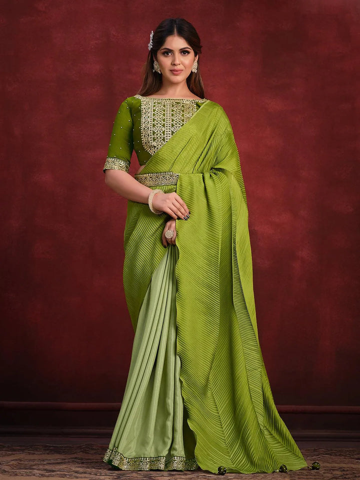 Green Banarasi crush silk saree Party Wear - VJV Now