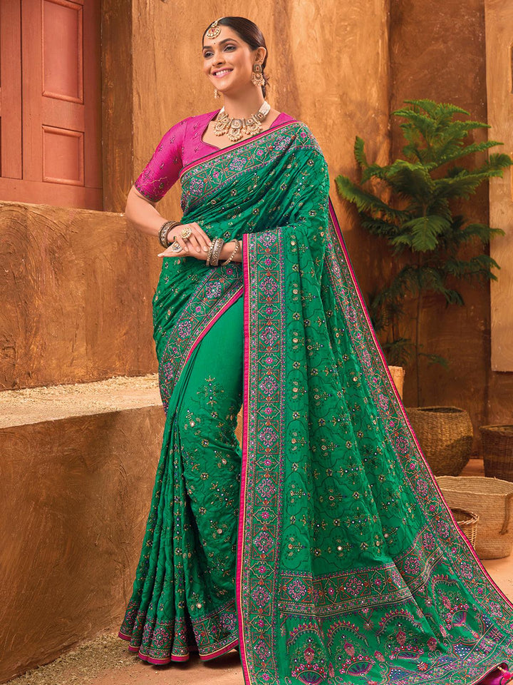 Green Banarasi Silk Saree With Pure Kachhi Work, Diamond & Mirror Heaw Work - VJV Now