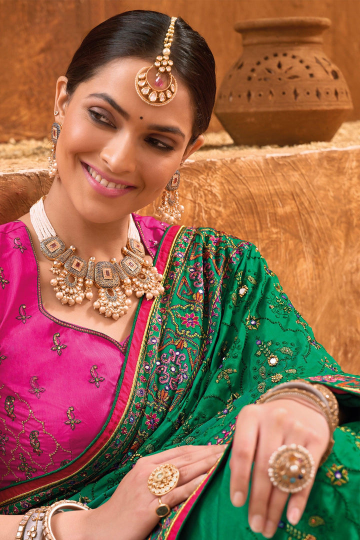Green Banarasi Silk Saree With Pure Kachhi Work, Diamond & Mirror Heaw Work - VJV Now