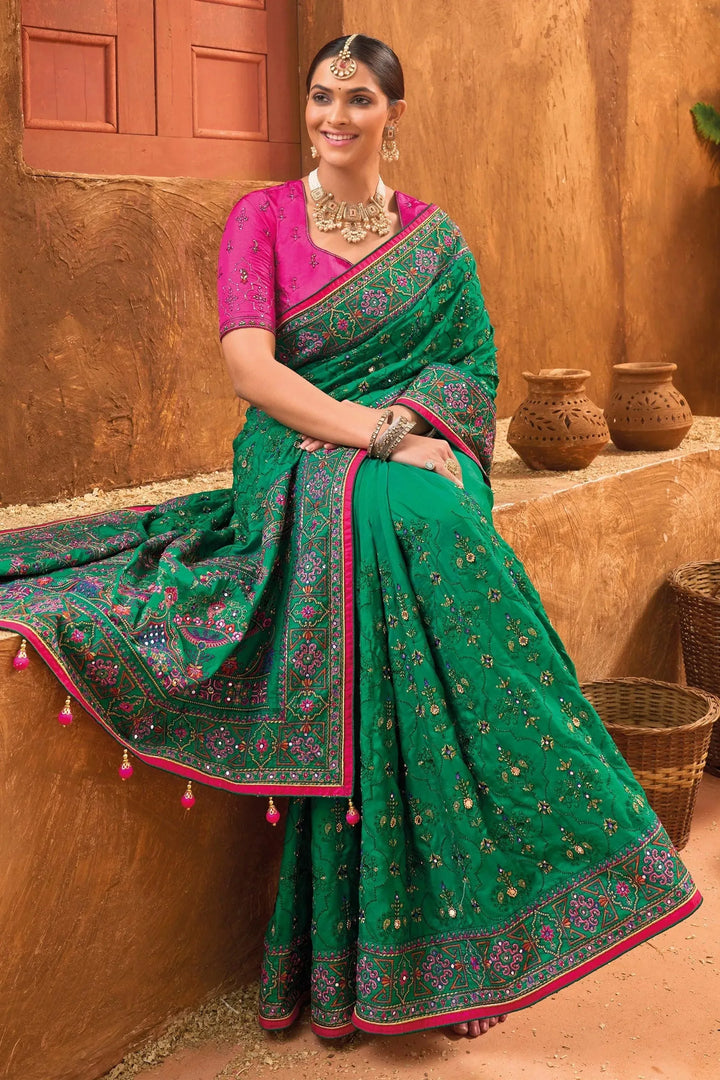 Green Banarasi Silk Saree With Pure Kachhi Work, Diamond & Mirror Heaw Work - VJV Now