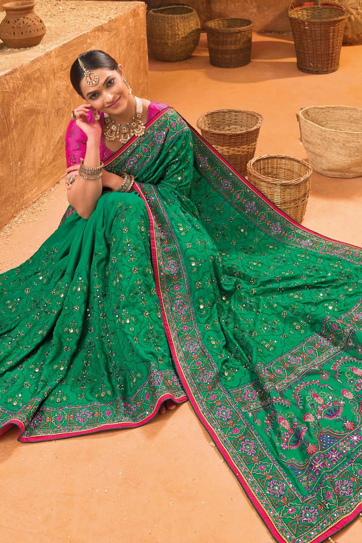 Green Banarasi Silk Saree With Pure Kachhi Work, Diamond & Mirror Heaw Work - VJV Now