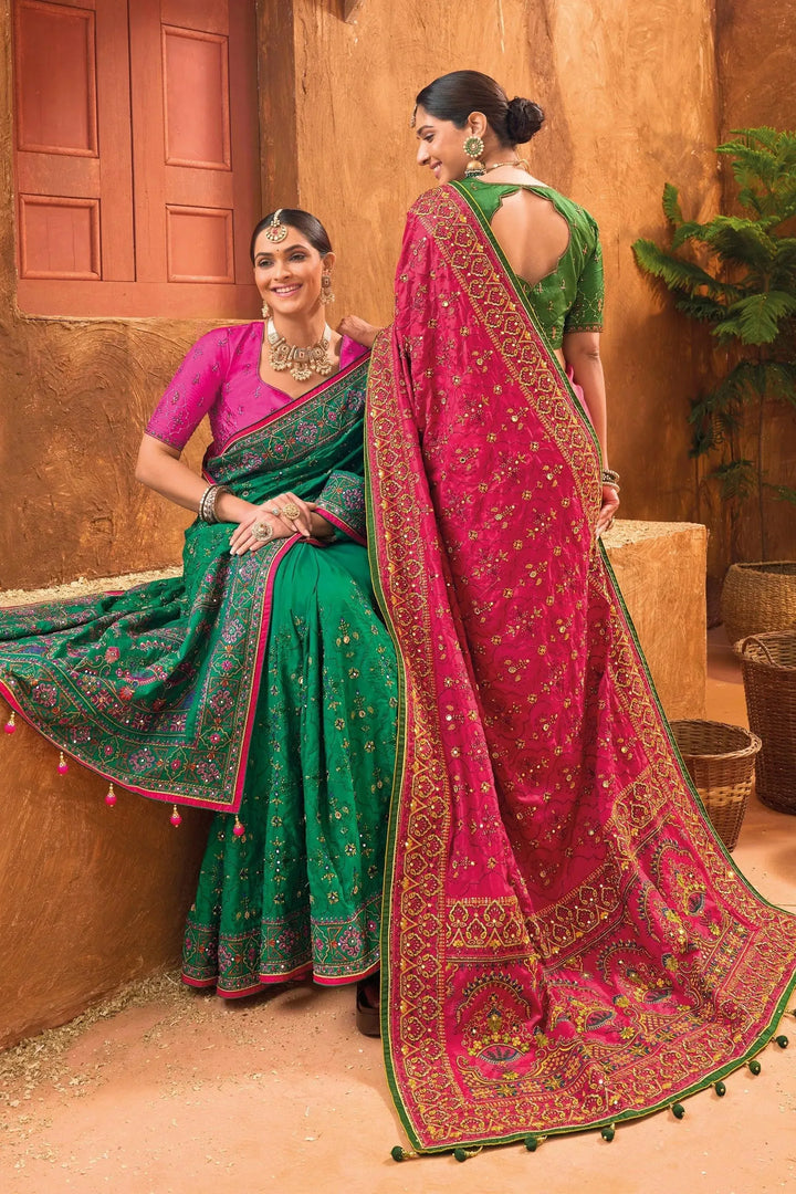 Green Banarasi Silk Saree With Pure Kachhi Work, Diamond & Mirror Heaw Work - VJV Now