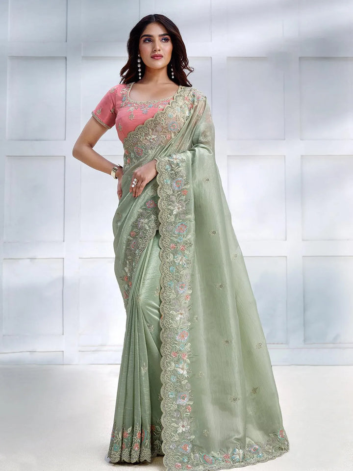 Green Color Art Silk White Embroidered and Stone Work Saree - VJV Now