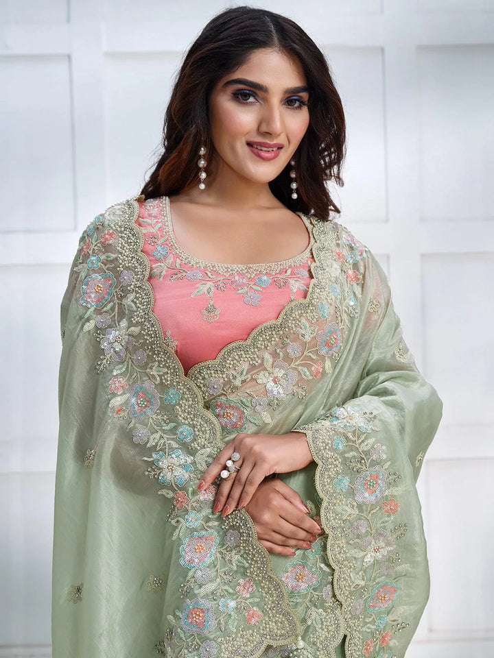 Green Color Art Silk White Embroidered and Stone Work Saree - VJV Now