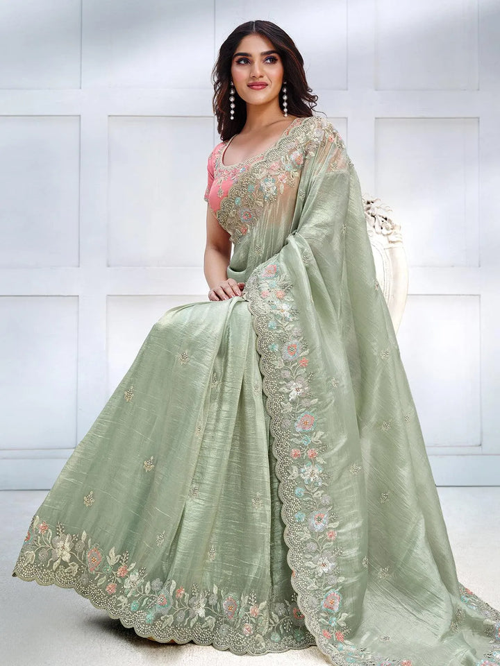 Green Color Art Silk White Embroidered and Stone Work Saree - VJV Now