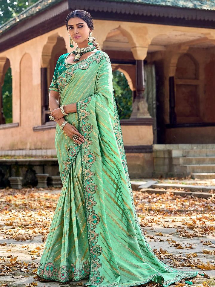 Green Color Embroidered Banarasi Silk Saree - VJV Now