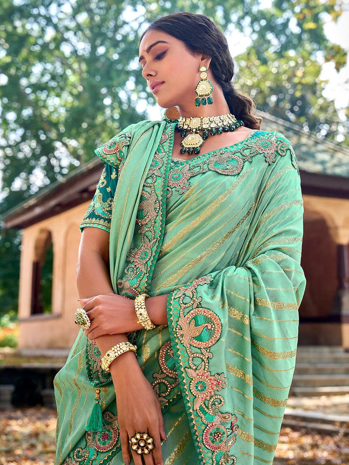 Green Color Embroidered Banarasi Silk Saree - VJV Now