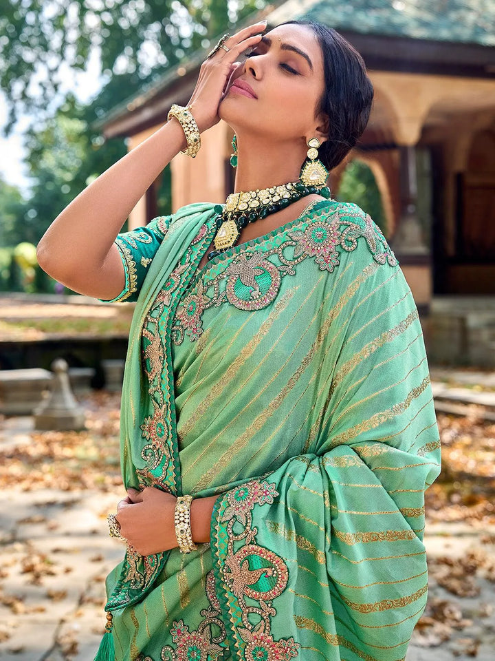 Green Color Embroidered Banarasi Silk Saree - VJV Now