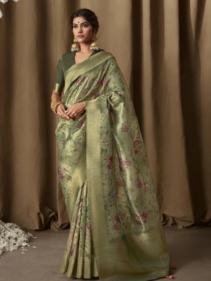 Green Digital Printed Zari Work Banarasi Saree - VJV Now