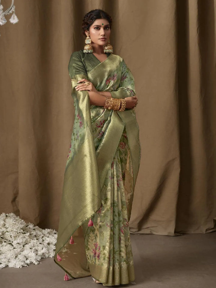 Green Digital Printed Zari Work Banarasi Saree - VJV Now