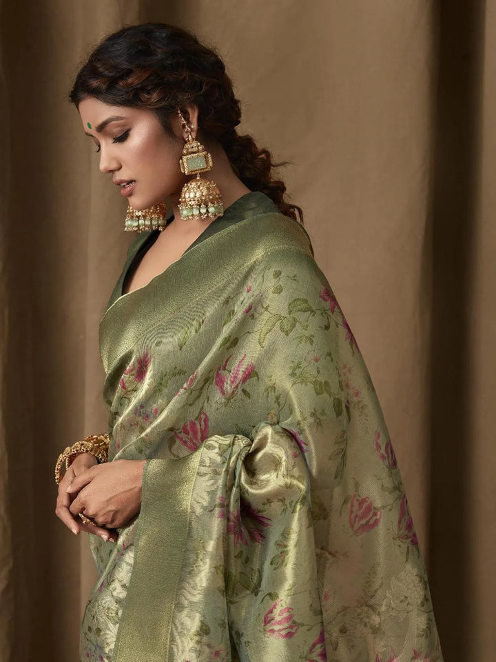 Green Digital Printed Zari Work Banarasi Saree - VJV Now