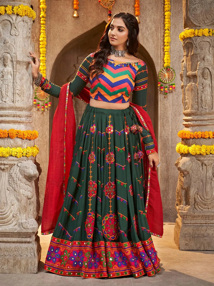 Green Embroidered with Mirror Work Navratri Festival Lehenga Choli - VJV Now