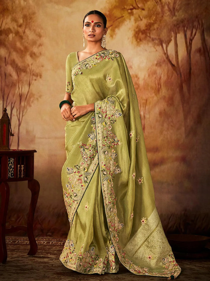 Green Embroidered Work Silk Saree - VJV Now