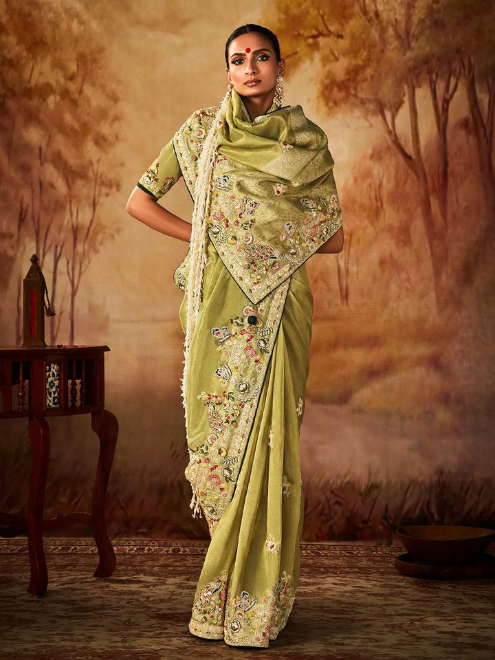 Green Embroidered Work Silk Saree - VJV Now