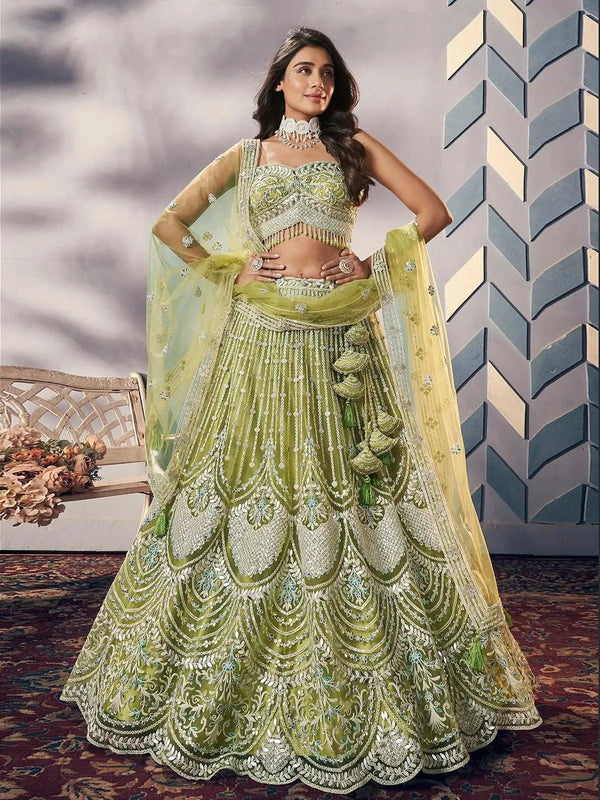 Green Embroidered Work Umbrella Lehenga Coli Wedding Wear - VJV Now