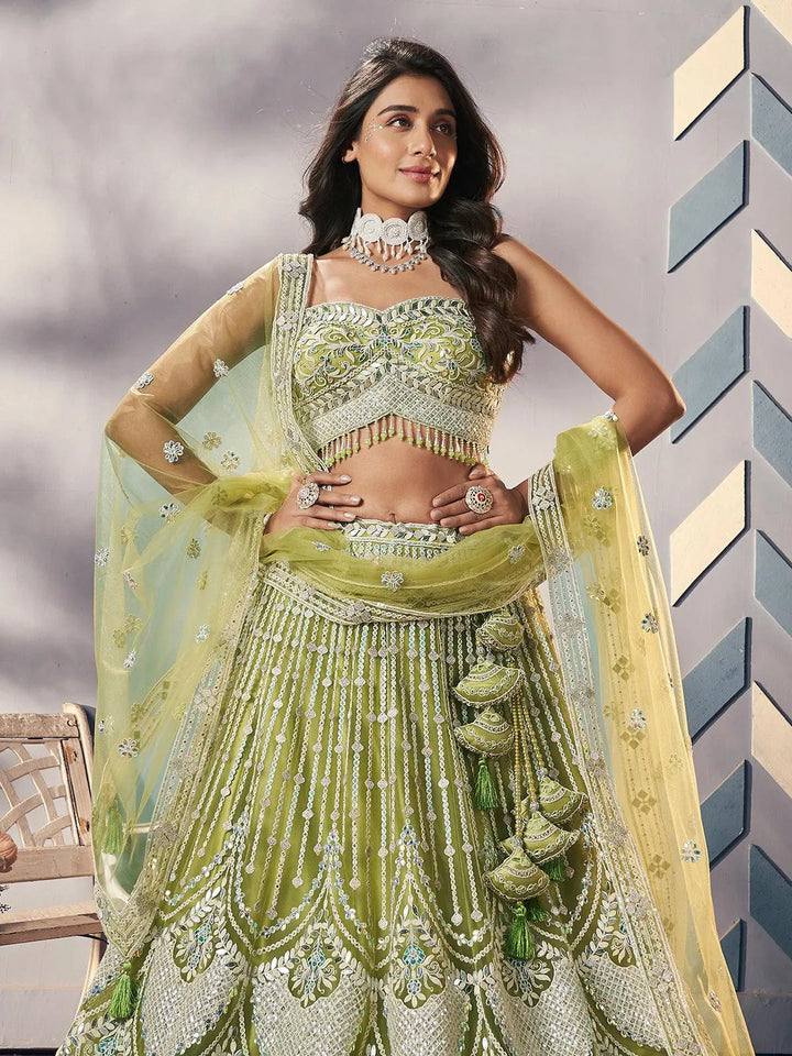 Green Embroidered Work Umbrella Lehenga Coli Wedding Wear - VJV Now