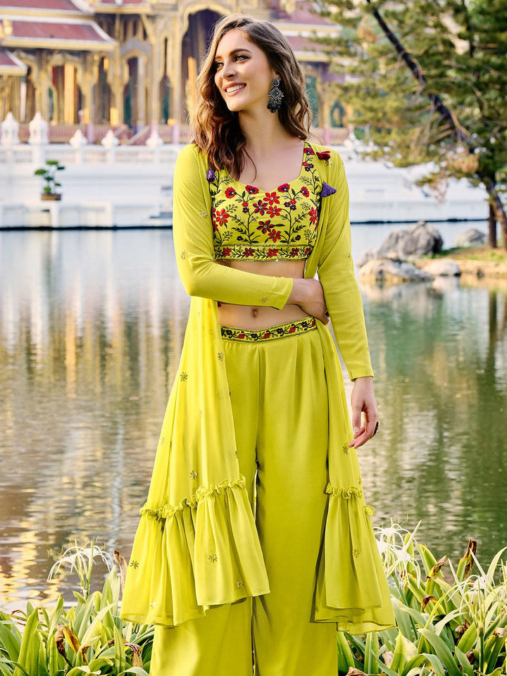 Green Georgette Embroidered Palazzo Co-Ord Set - VJV Now