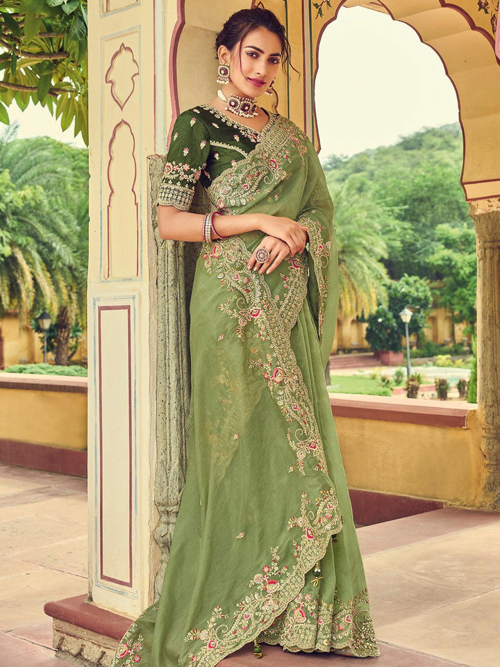 Green heavy embroidered Silk saree - VJV Now