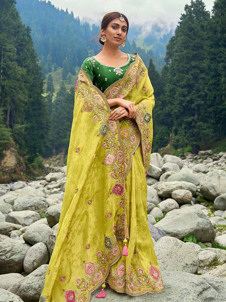 Green Heavy Embroidered Work Designer Wear Saree - VJV Now