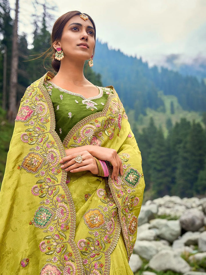 Green Heavy Embroidered Work Designer Wear Saree - VJV Now