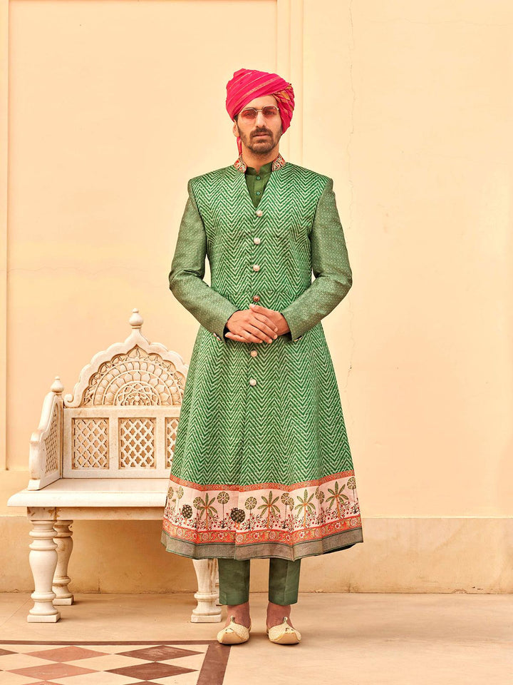 Green Indo-wester Kurta Sherwani Set For Weeding & Festive Wear - VJV Now
