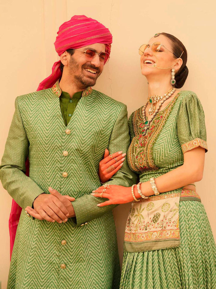 Green Indo-wester Kurta Sherwani Set For Weeding & Festive Wear - VJV Now