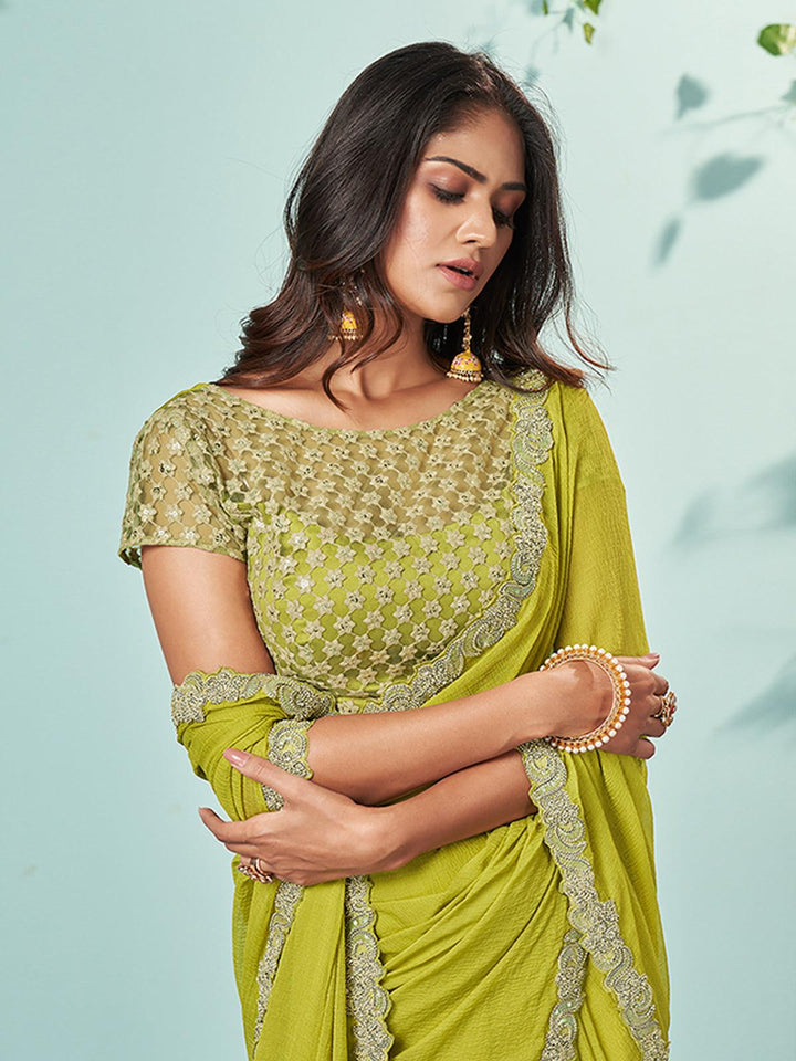 Green Lace Embroidered Pleated Satin Silk Saree - VJV Now