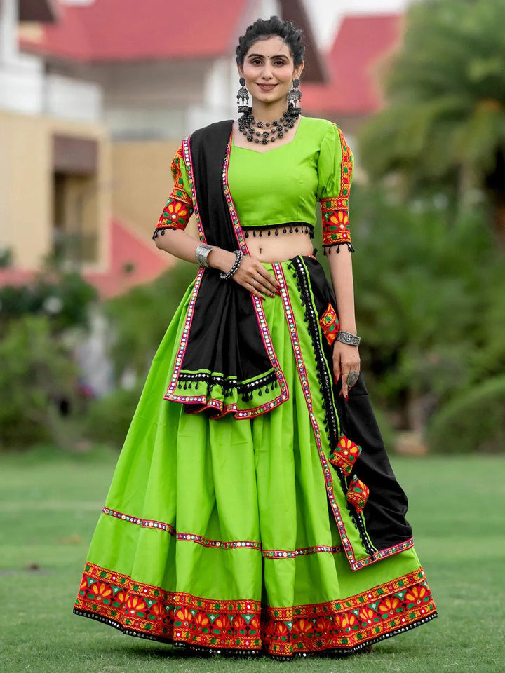 Green Navratri Lehenga Choli With Embrodery & Mirror Work for Garba Nights - VJV Now