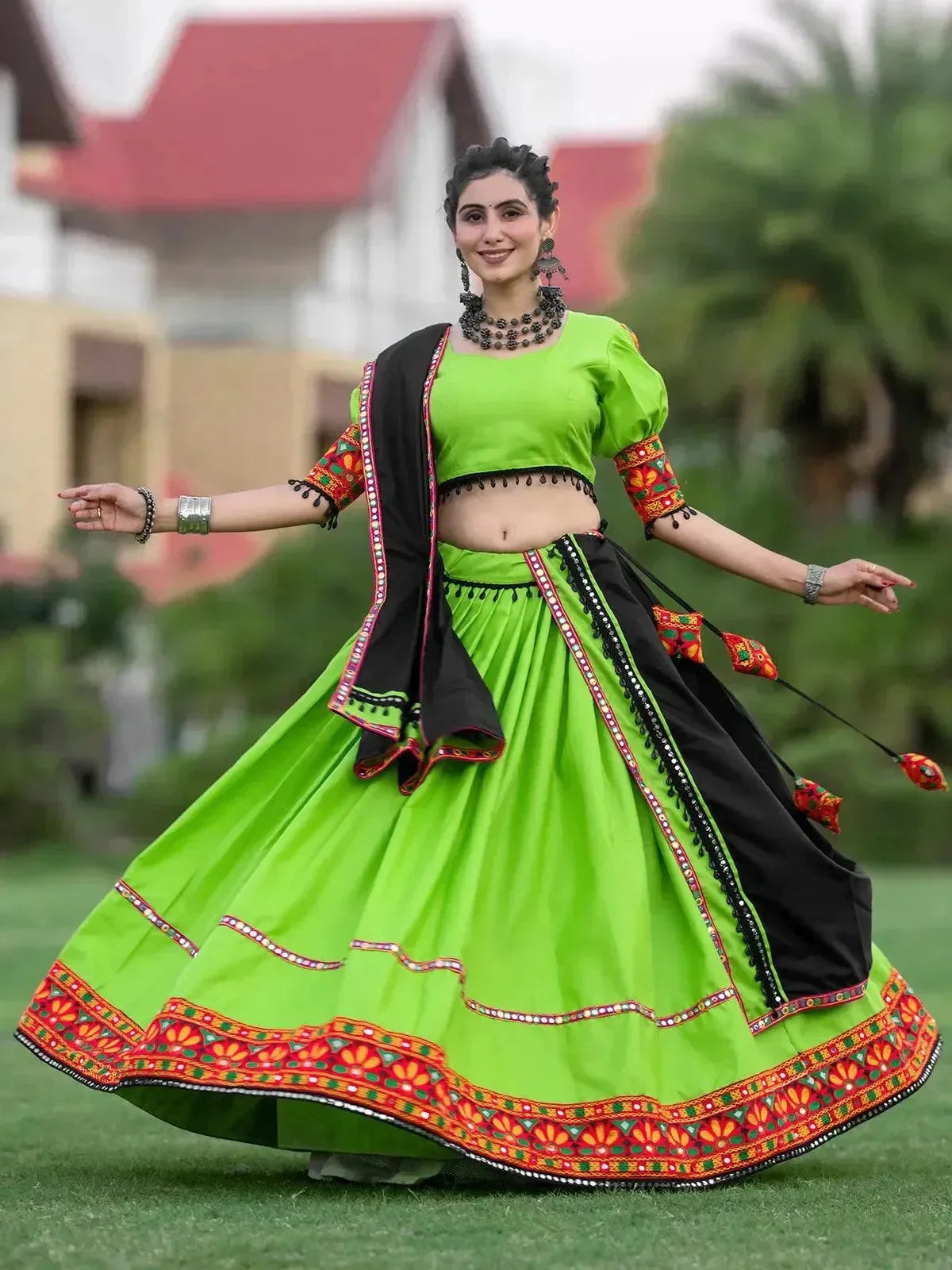 green garba dress Navratri Special Muslin Cotton Chaniya Choli with Real Mirror And Kodi Work In UK