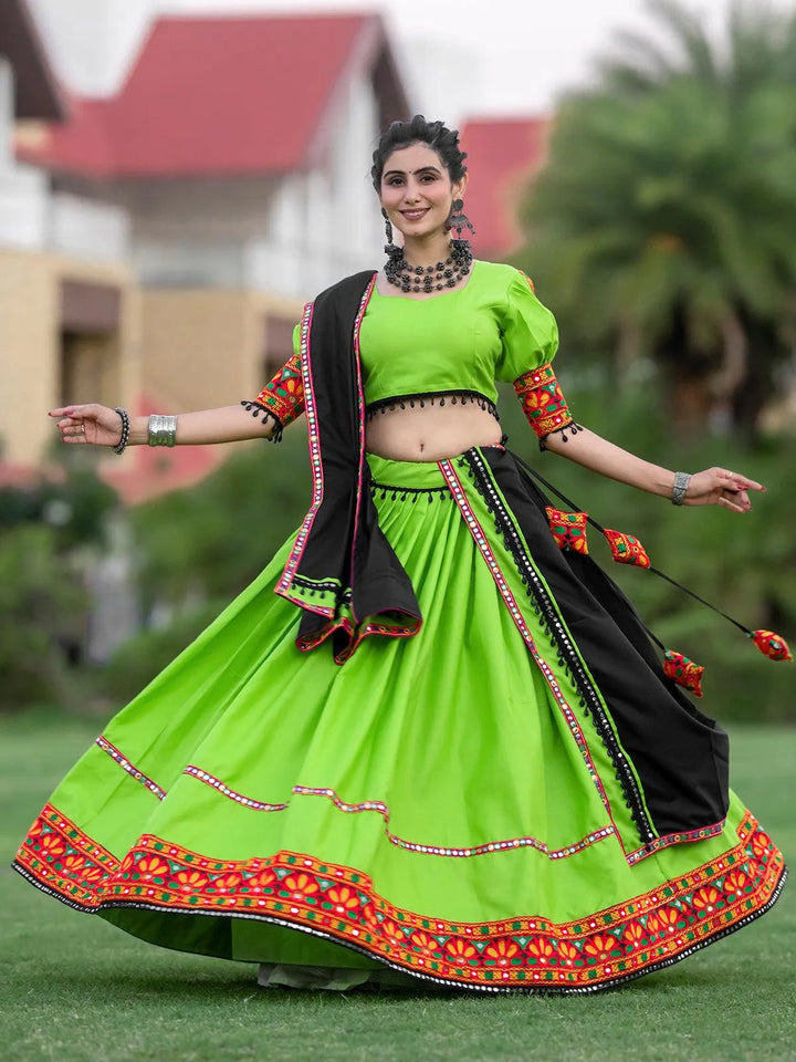 Green Navratri Lehenga Choli With Embrodery & Mirror Work for Garba Nights - VJV Now