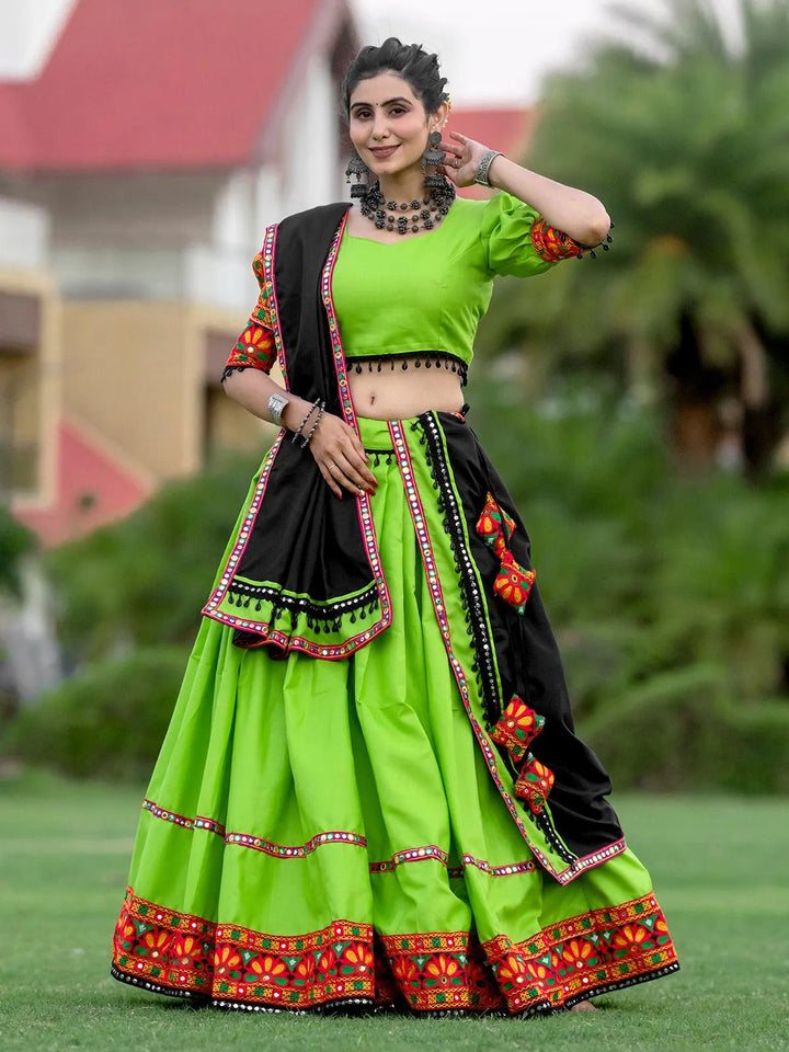 Green Navratri Lehenga Choli With Embrodery & Mirror Work for Garba Nights - VJV Now