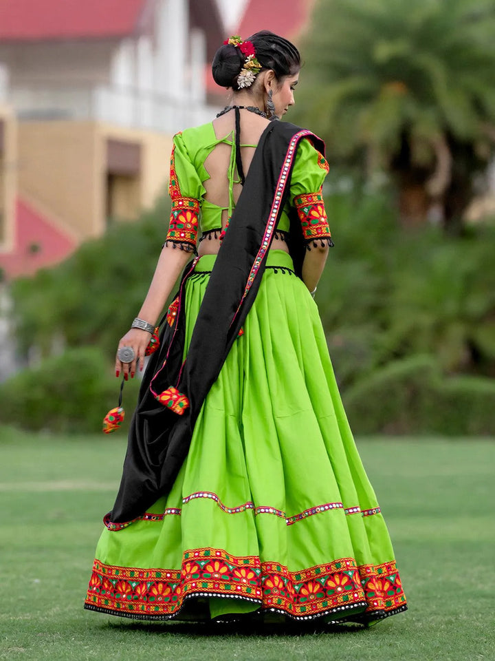 Green Navratri Lehenga Choli With Embrodery & Mirror Work for Garba Nights - VJV Now