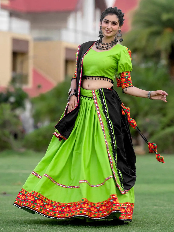 Green Navratri Lehenga Choli With Embrodery & Mirror Work for Garba Nights - VJV Now