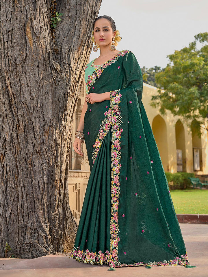 Green Sequin Tissue Silk Saree for weeding Receptions with Sea Green Blouse - VJV Now