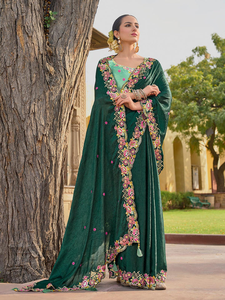 Green Sequin Tissue Silk Saree for weeding Receptions with Sea Green Blouse - VJV Now