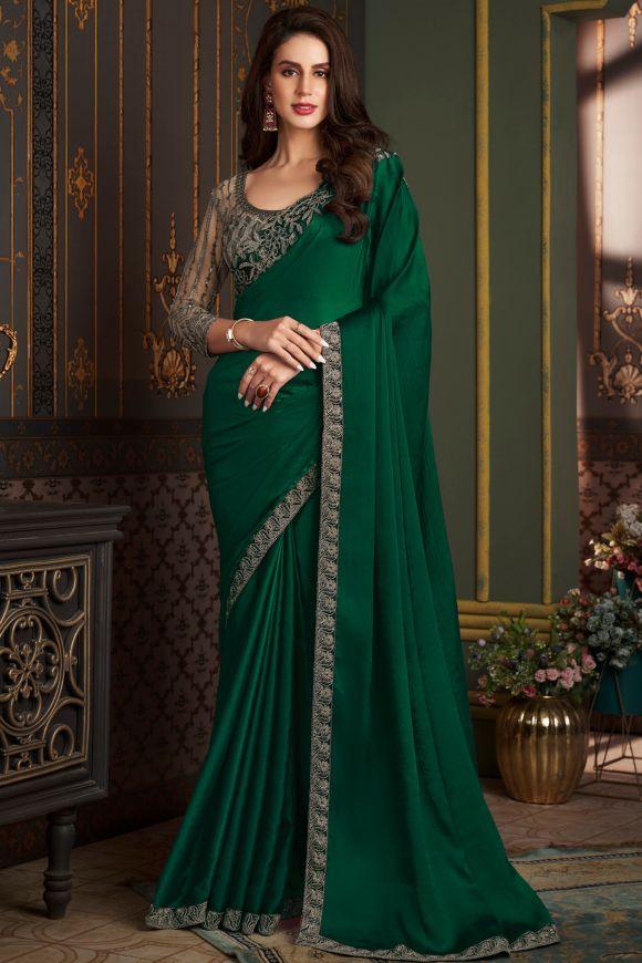 Green Sequins Satin Silk Party Wear Saree - VJV Now