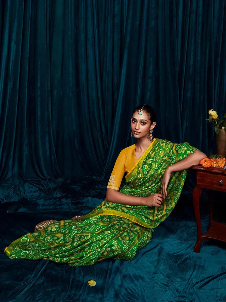 Green Silk Brasso Saree with Yellow Raw Silk Embroidered Blouse For Casual & Daily Wear - VJV Now