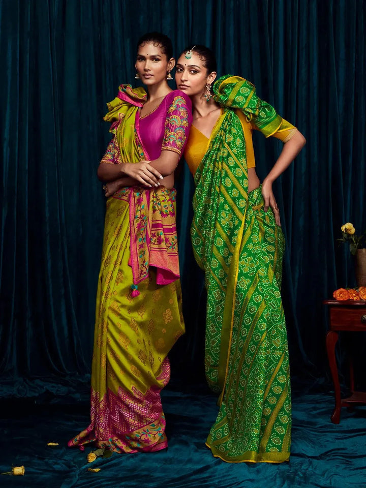 Green Silk Brasso Saree with Yellow Raw Silk Embroidered Blouse For Casual & Daily Wear - VJV Now