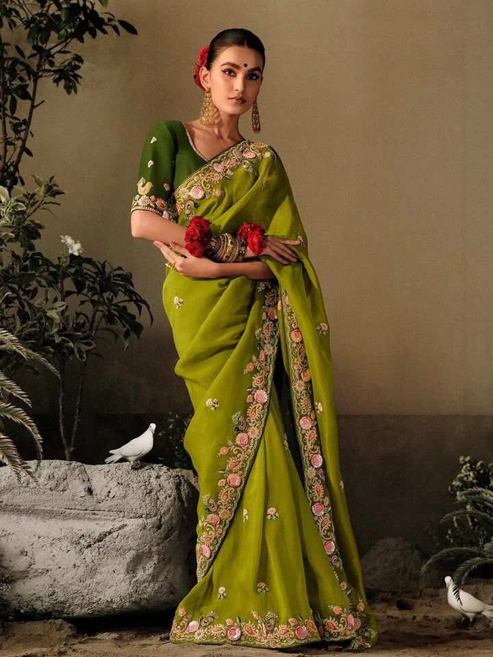 Green Silk Embroidered Hand Work Saree Party Wear - VJV Now