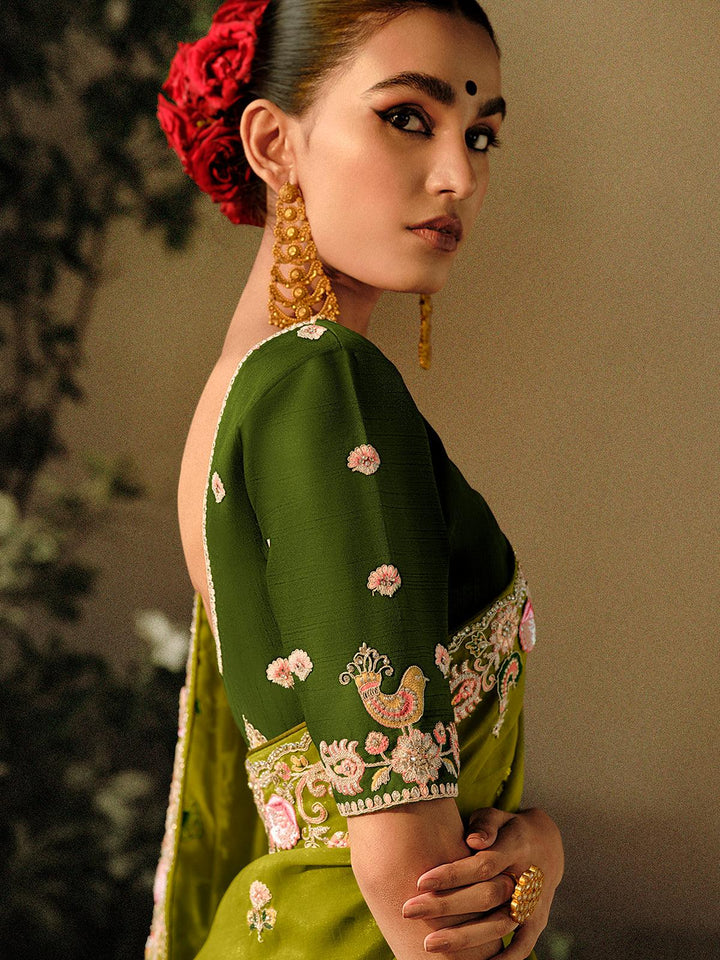 Green Silk Embroidered Hand Work Saree Party Wear - VJV Now