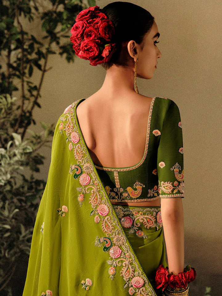 Green Silk Embroidered Hand Work Saree Party Wear - VJV Now