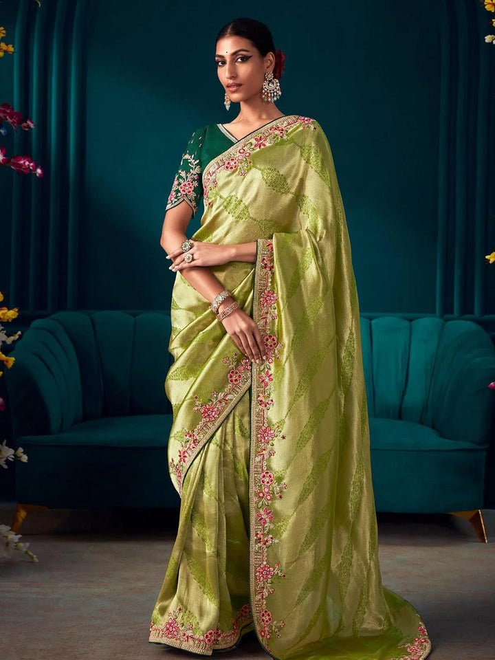 Green Woven Banarasi Soft Silk Designer Saree Party Wear - VJV Now