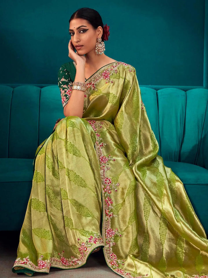 Green Woven Banarasi Soft Silk Designer Saree Party Wear - VJV Now